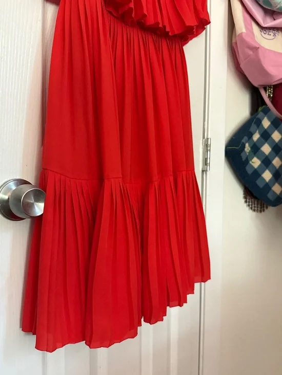 Kate Spade Red Pleated Cape Sleeve Midi Dress - Picture 3 of 11